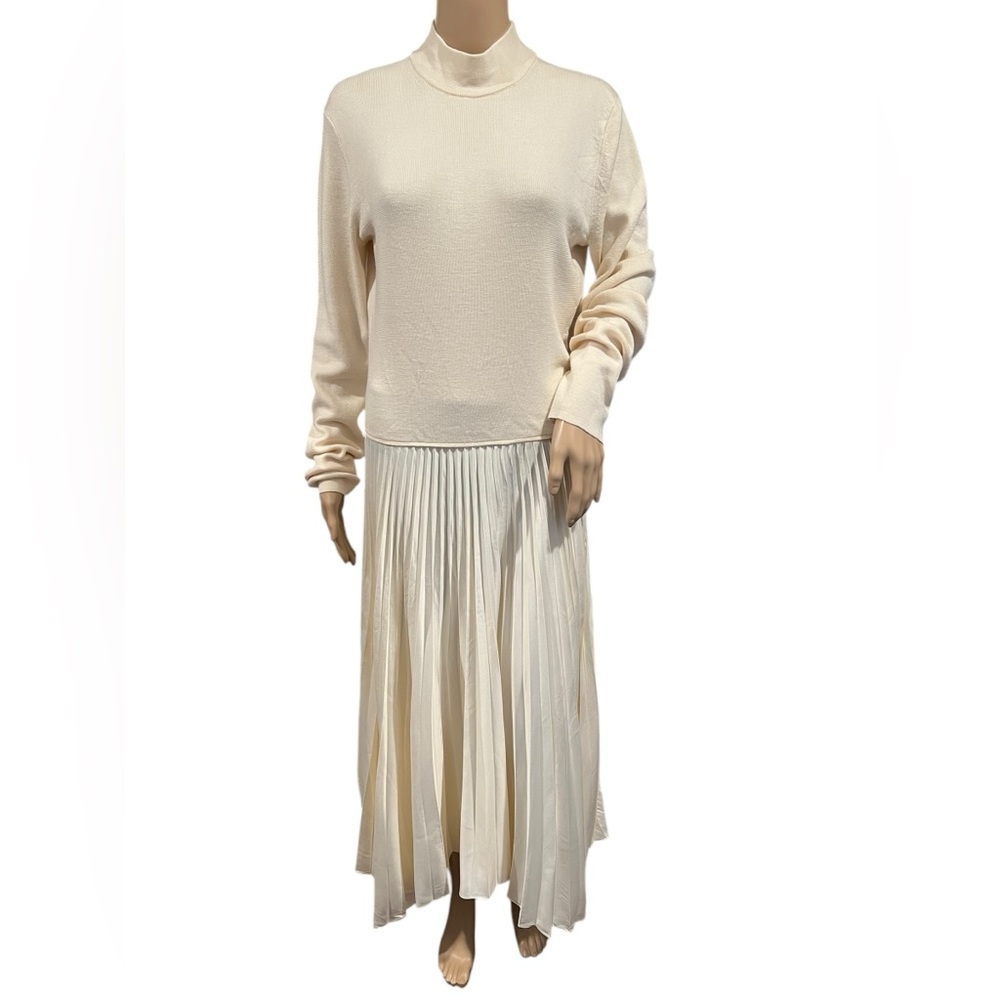 Polo Ralph Lauren Womens Dress Long-Sleeve Cream pleated Mockneck Wool Silk XL - Picture 2 of 16